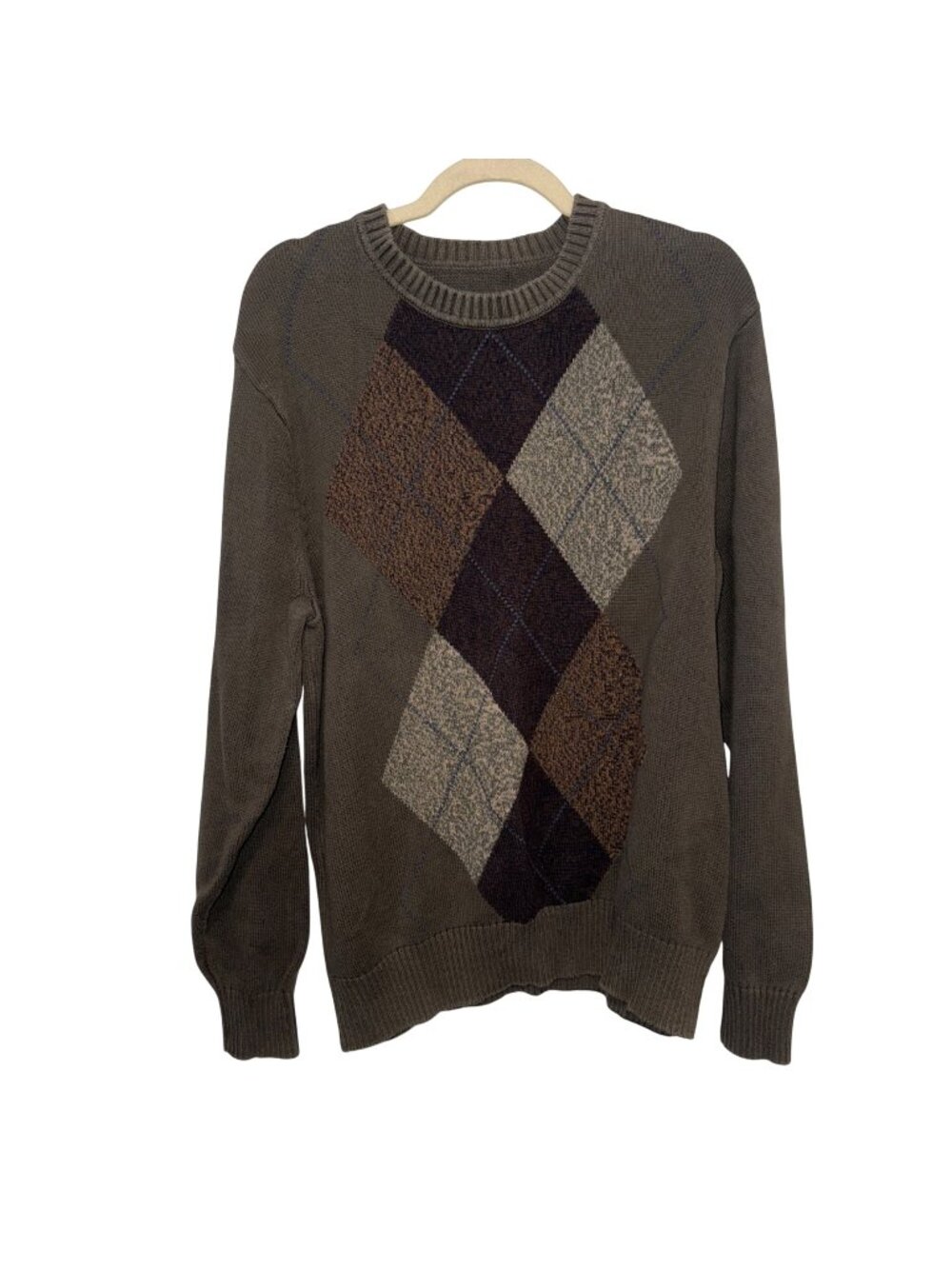 Dockers Mens Argyle Sweater Brown Beige Gray Diamond Pattern Size L Pullover